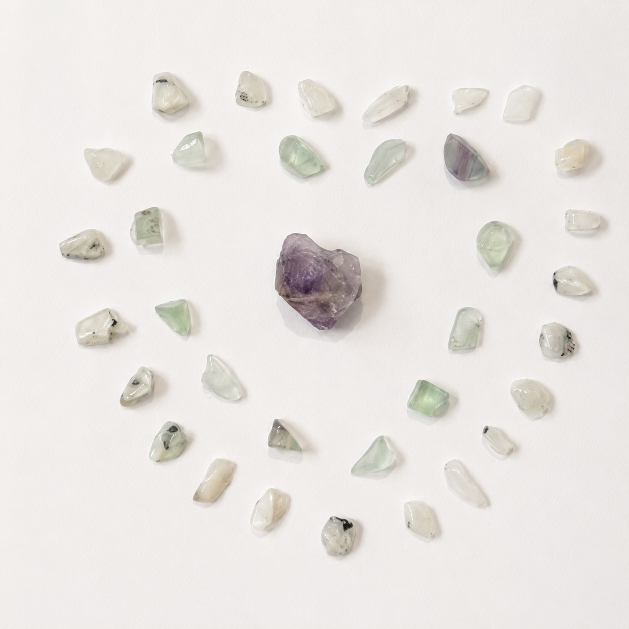161: Amethyst, Fluorite and Rainbow Moonstone Crystal Grid Wall Hanging