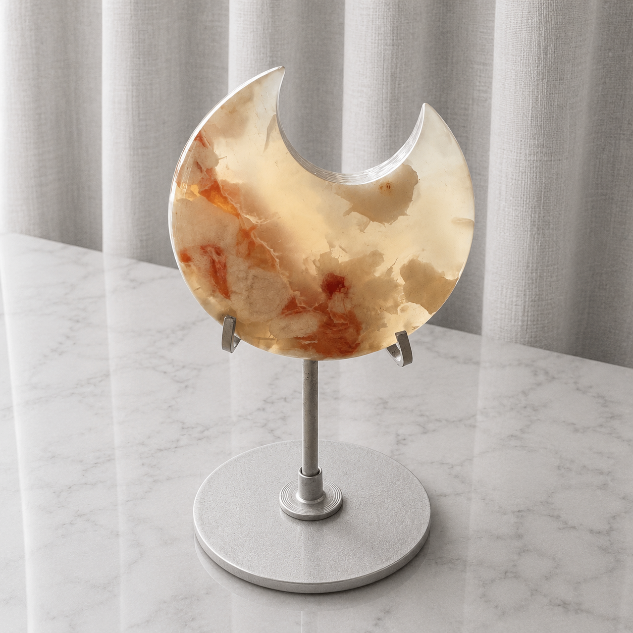 070: Pink Flower Agate Moon On Stand