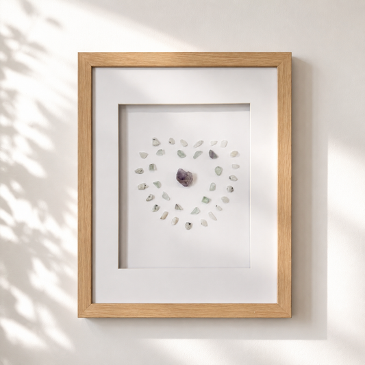 161: Amethyst, Fluorite and Rainbow Moonstone Crystal Grid Wall Hanging