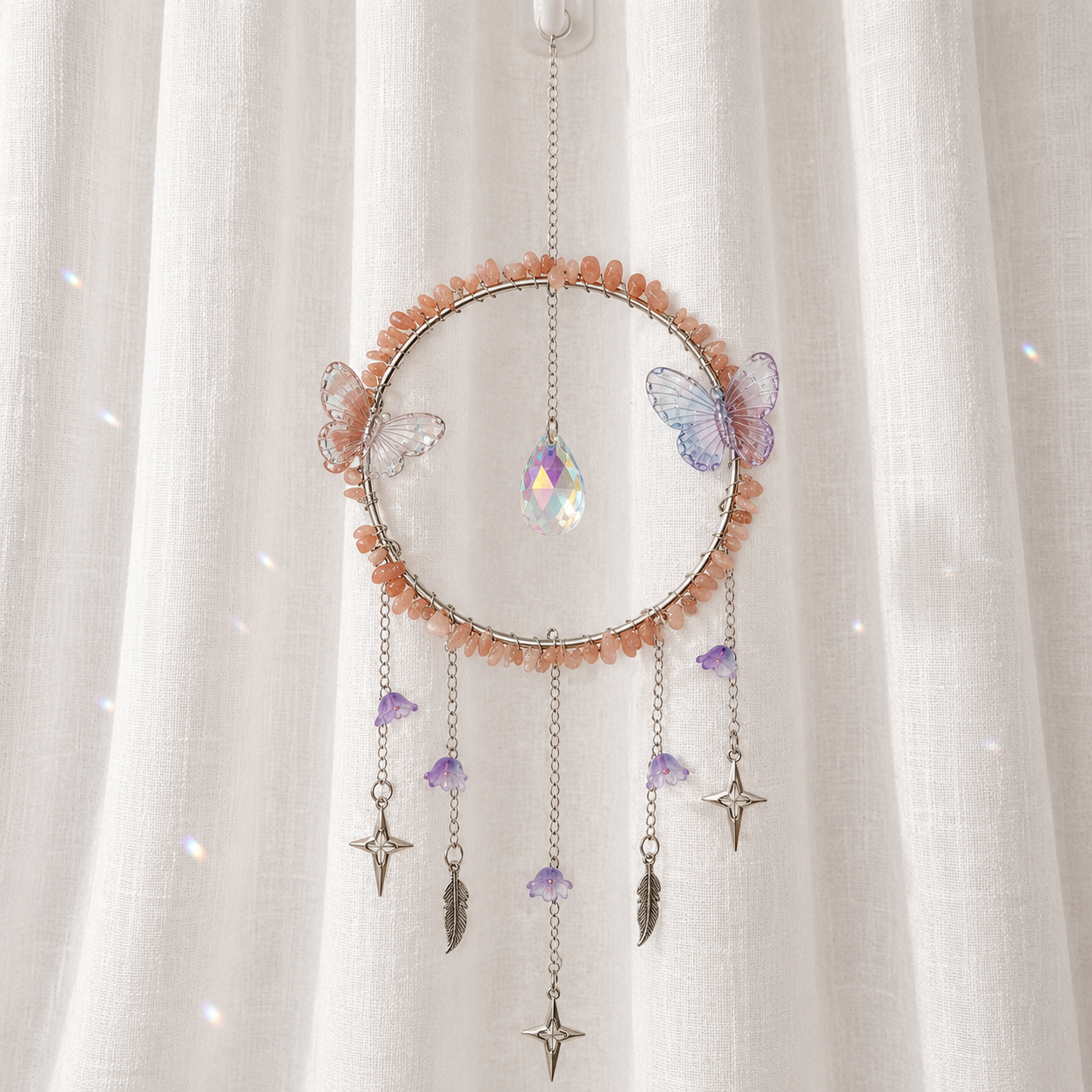 Large Peach Moonstone Butterfly Wreath Suncatcher