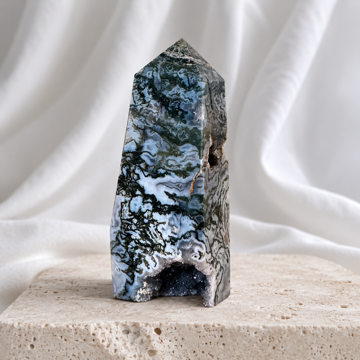 149: Moss Agate Tower With Amethyst Druzy